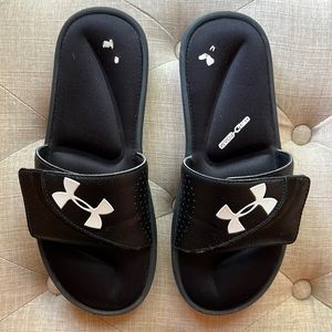 Under Armour Men’s Black Slides with Cushioned Soles and Adjustable Velcro